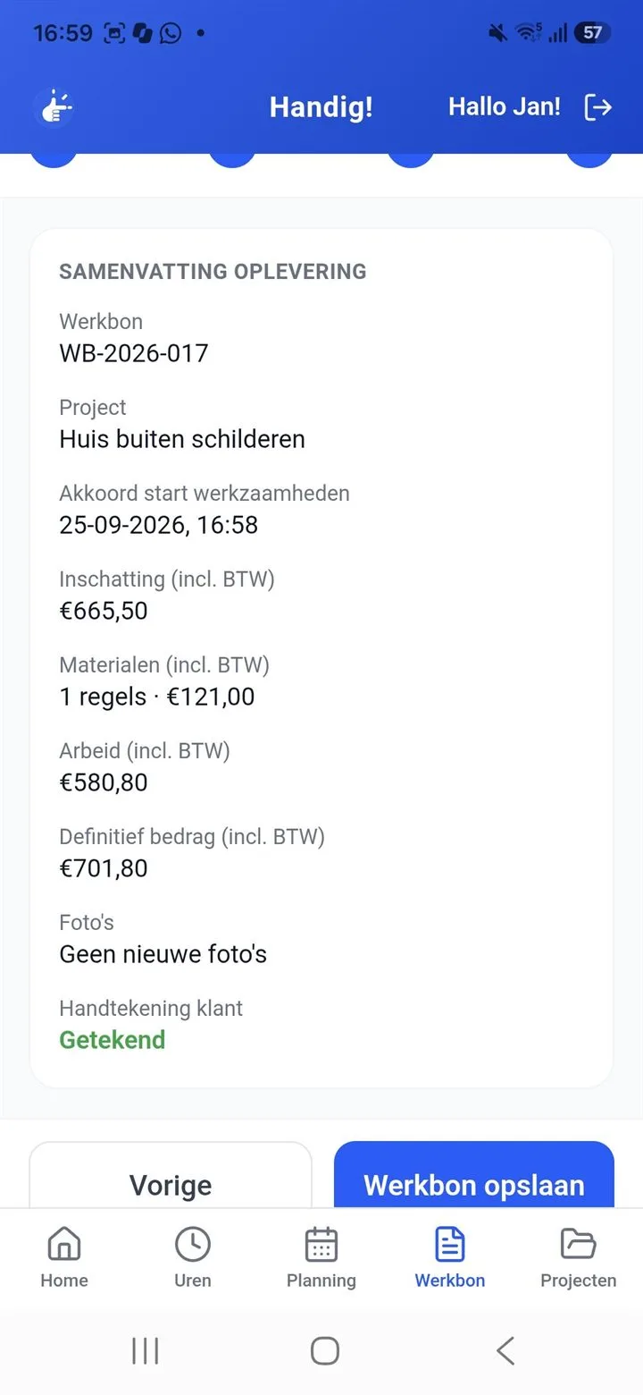 De Handig!-app: samenvatting bij oplevering met inschatting, definitief bedrag en handtekening van de klant