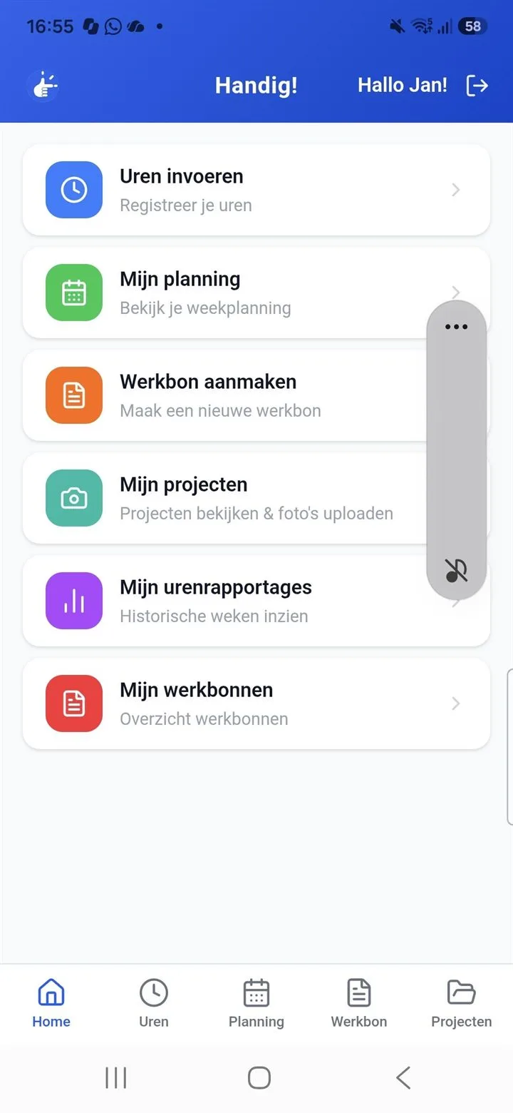 Het startscherm van de Handig!-app: uren, planning, werkbonnen, projecten en rapportages