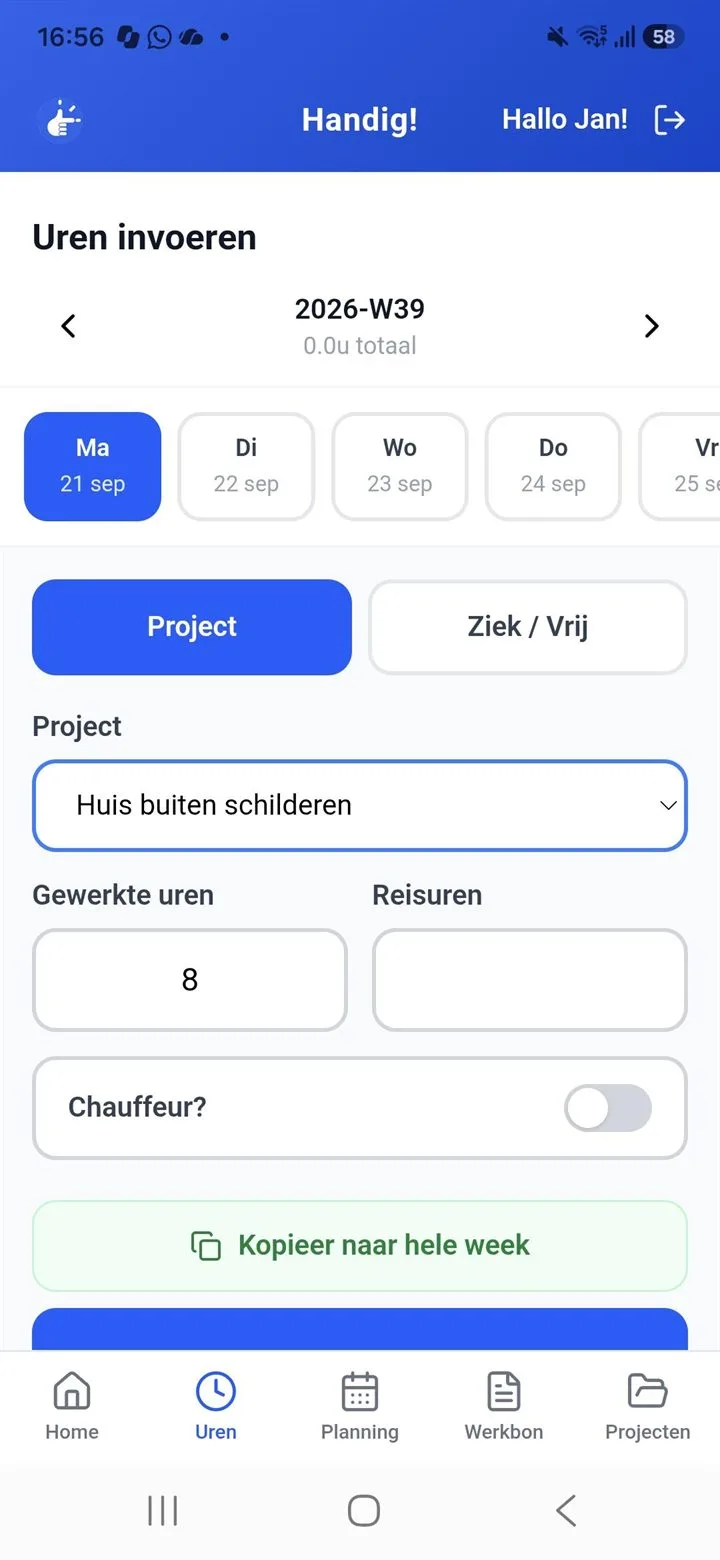 De Handig!-app: uren invoeren op het project Huis buiten schilderen, met gewerkte uren, reisuren en kopiëren naar de hele week