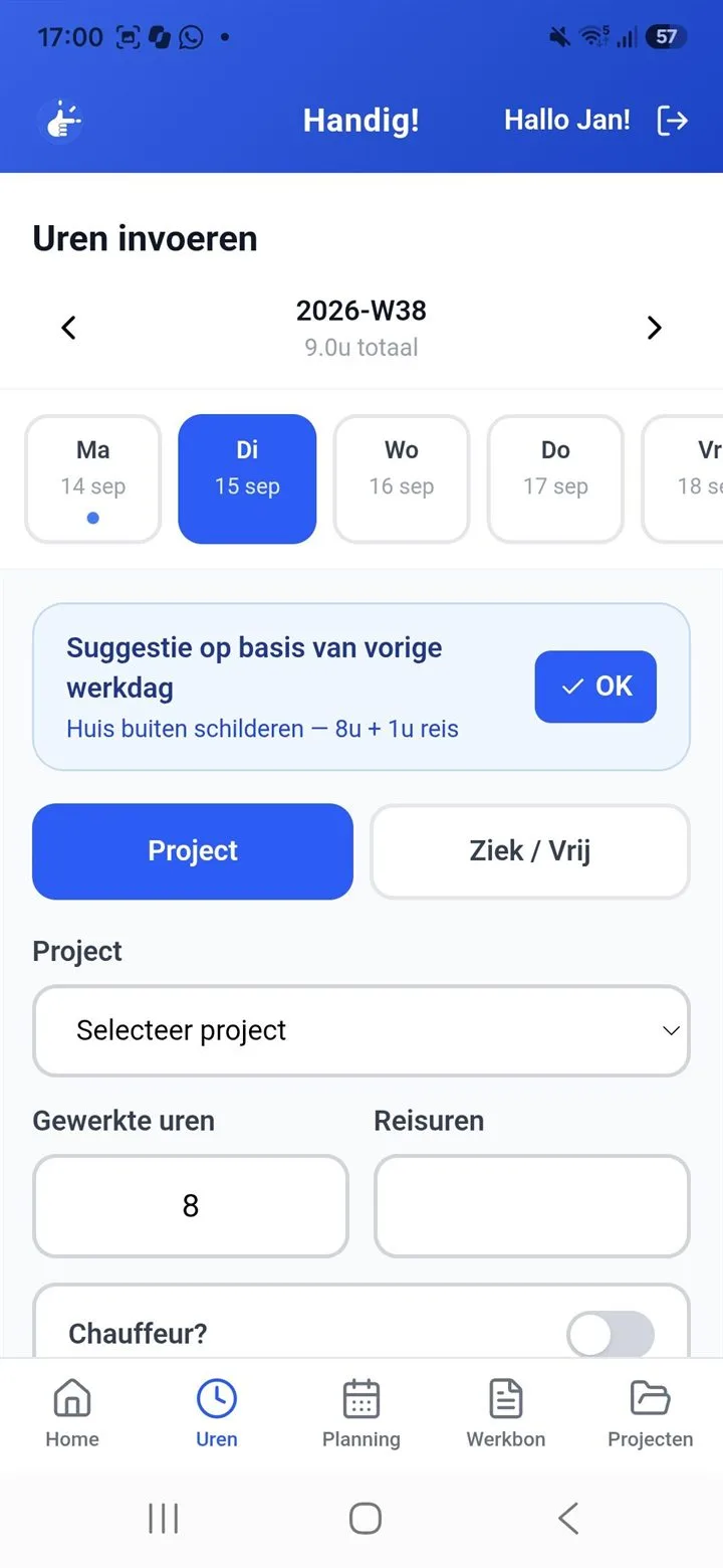De Handig!-app: uren invoeren met een suggestie op basis van de vorige werkdag