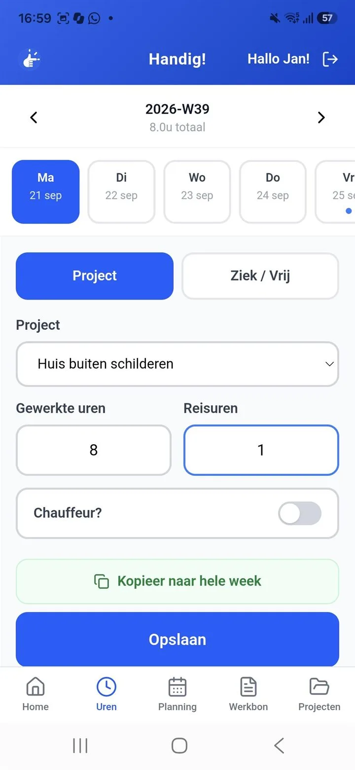 De Handig!-app: uren en reisuren invoeren, met kopiëren naar de hele week