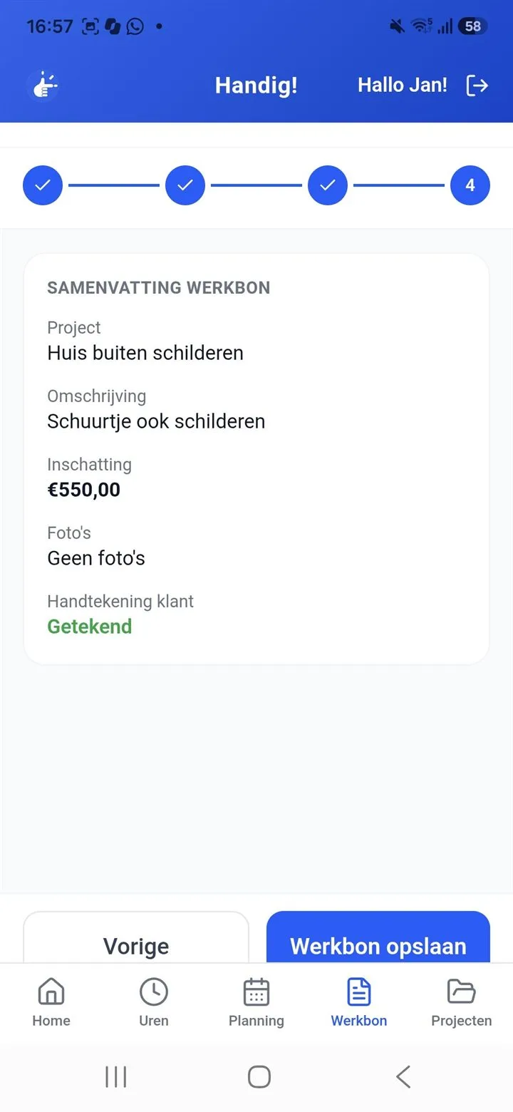 De Handig!-app: samenvatting van een werkbon voor meerwerk, getekend door de klant