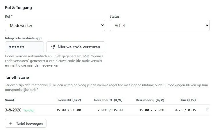 Het Handig!-webportaal: rol, status en inlogcode voor de app van een medewerker, met de tarieven per ingangsdatum